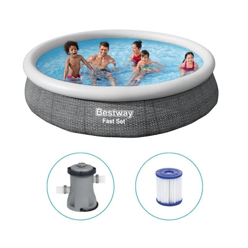 Bestway - Fast Set - Piscine Gonflable - 366x76 Cm - Impression Rotin - Ronde 1 Bestway - Fast Set - Piscine Gonflable - 366x76 Cm - Impression Rotin - Ronde