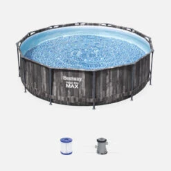Bestway Piscine Tubulaire - Opalite Grise - Aspect Bois, Piscine Ronde 3,6m